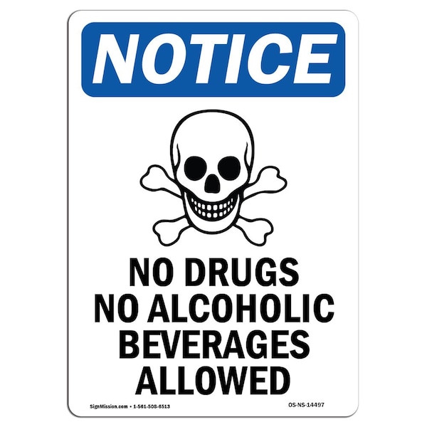Signmission OSHA Notice, 7" Height, No Drugs No Alcoholic Sign With Symbol, 7" X 5", Portrait OS-NS-D-57-V-14497 - main